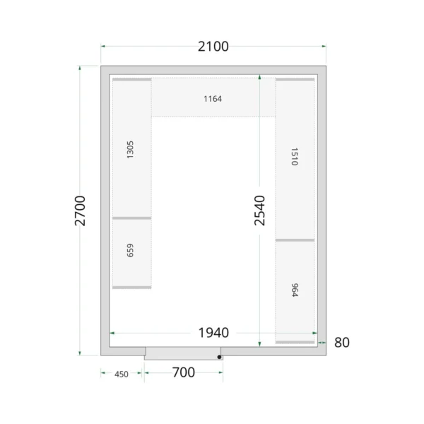 Kølerumspaneler 80 mm CR 210x270x220, set forfra
