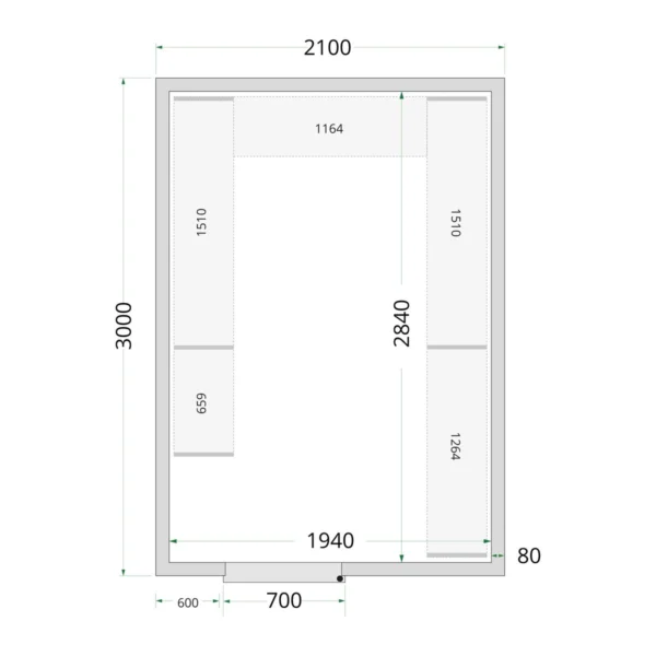 Kølerumspaneler 80 mm CR 210x300x220, set forfra