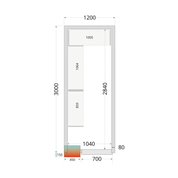 Kølerumspaneler 80 mm CR 120x300x212 NF, set forfra