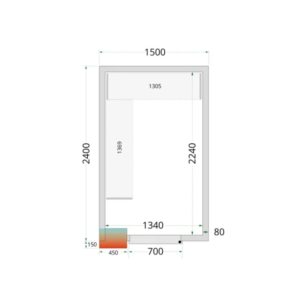 Kølerumspaneler 80 mm CR 150x240x212 NF, set forfra