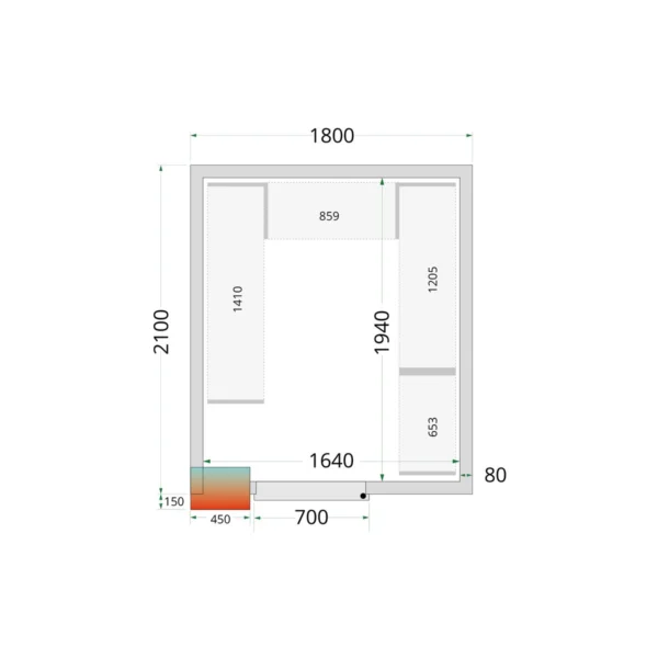 Kølerumspaneler 80 mm CR 180x210x212 NF, set forfra