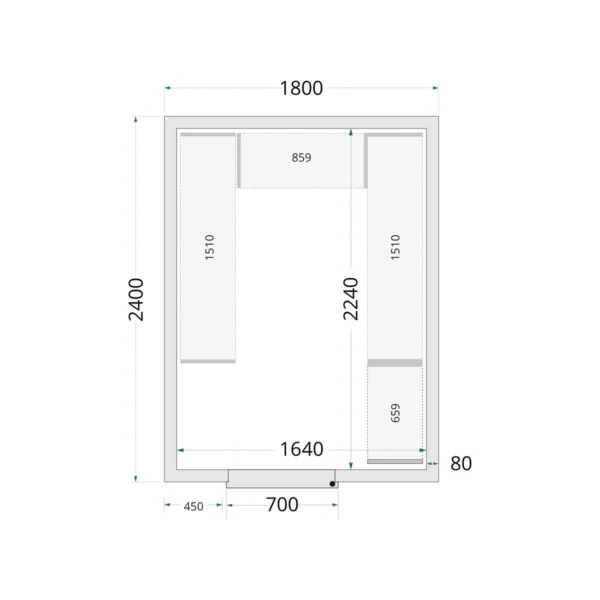Kølerumspaneler 80 mm CR 180x240x220, set forfra