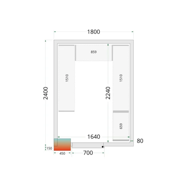 Kølerumspaneler 80 mm CR 180x240x212 NF, set forfra