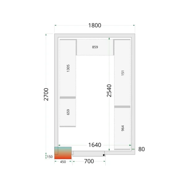 Kølerumspaneler 80 mm CR 180x270x212 NF, set forfra