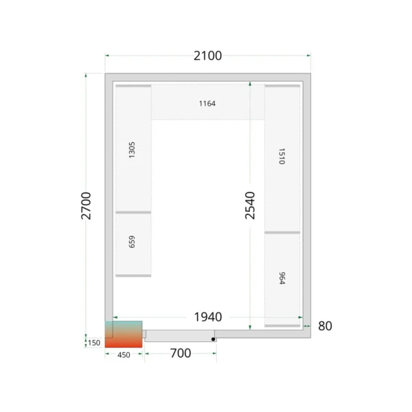 Kølerumspaneler 80 mm CR 210x270x212 NF, set forfra