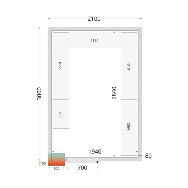 Kølerumspaneler 80 mm CR 210x300x212 NF, set forfra