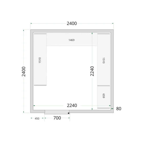 Kølerumspaneler 80 mm CR 240x240x220, set forfra