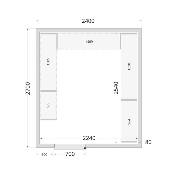 Kølerumspaneler 80 mm CR 240x270x220, set forfra