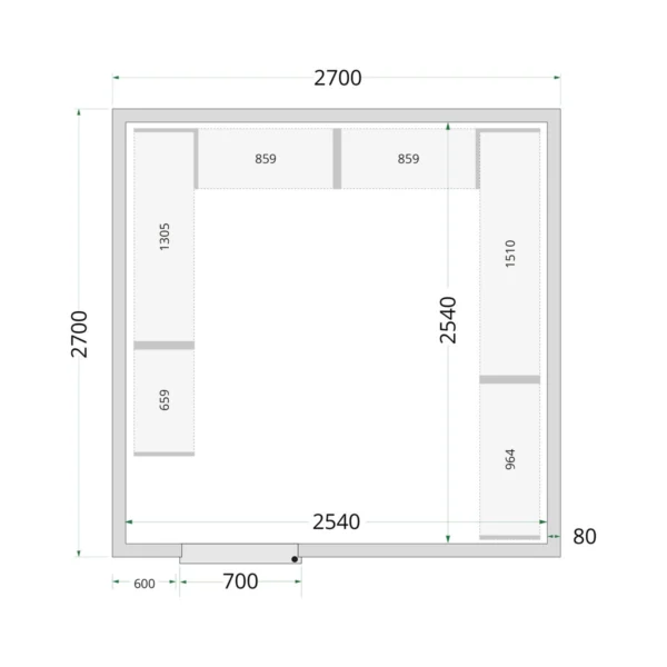 Kølerumspaneler 80 mm CR 270x270x220, set forfra