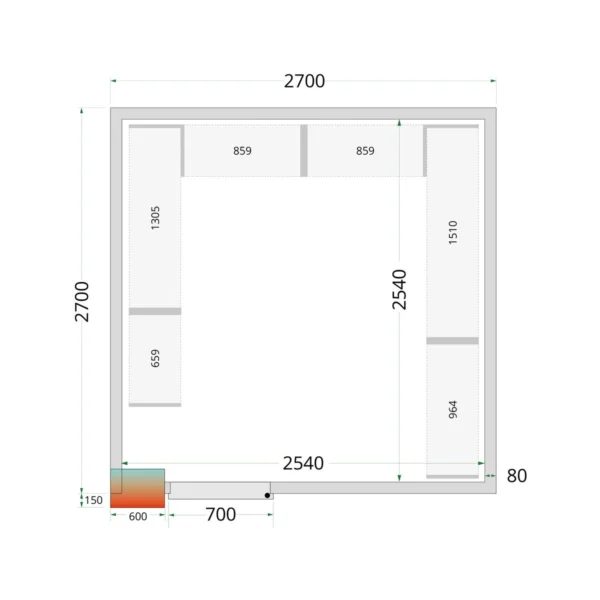 Kølerumspaneler 80 mm CR 270x270x212 NF, set forfra