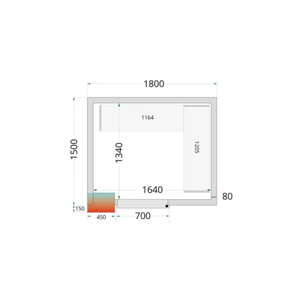 Kølerumspaneler 80 mm CR 180x150x212 NF, set forfra